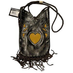 NWT Montana Silversmiths Leather Boot Top Purse, Heart Design & Fringe